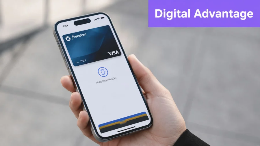 A hand holding a smartphone displaying a mobile wallet app with a digital credit card ready for payment.