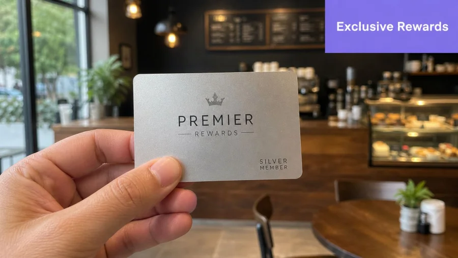 A hand holds a silver Premier Rewards membership card inside a coffee shop setting.