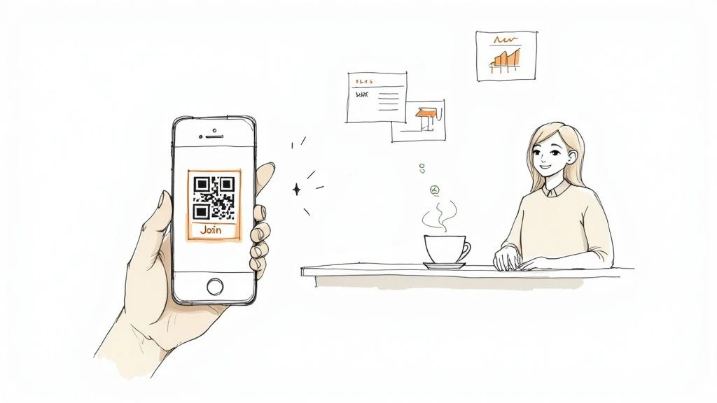 Eine Hand h&auml;lt ein Smartphone mit einem QR-Code und einer Schaltfl&auml;che 