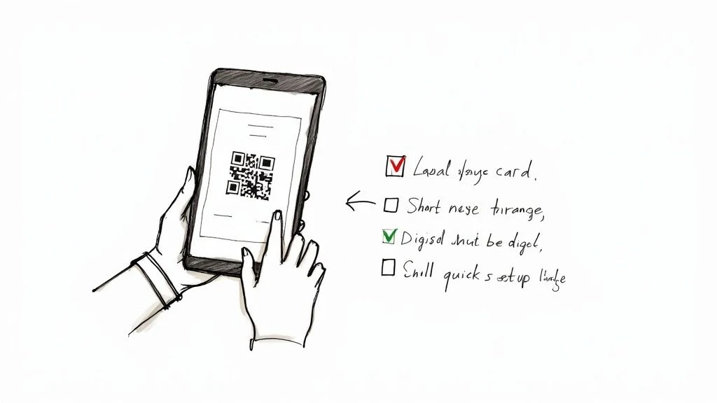 Ruka drží smartfón so zobrazeným QR kódom vedľa ručne písaného kontrolného zoznamu s digitálnymi úlohami.