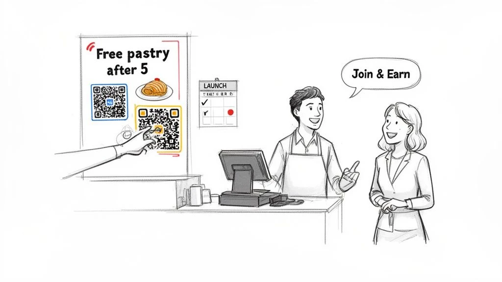 Eine Hand zeigt auf einen QR-Code auf einem Schild 