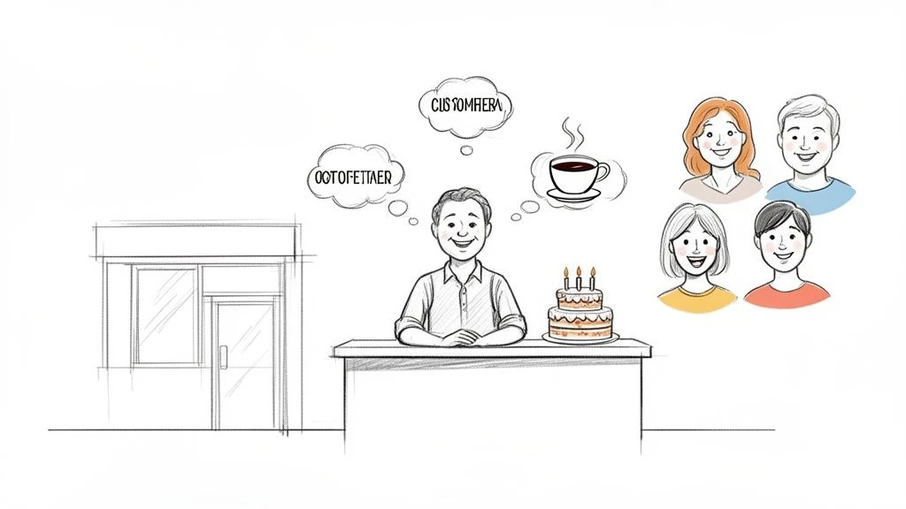 Ein gl&uuml;cklicher Gesch&auml;ftsinhaber hinter einer Theke mit einer Torte, der an seine Kunden denkt, mit vier l&auml;chelnden Menschen.