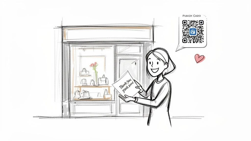 &Scaron;ťastn&aacute; žena drž&iacute; před obchodem děkovn&yacute; dopis s QR k&oacute;dem punch card.