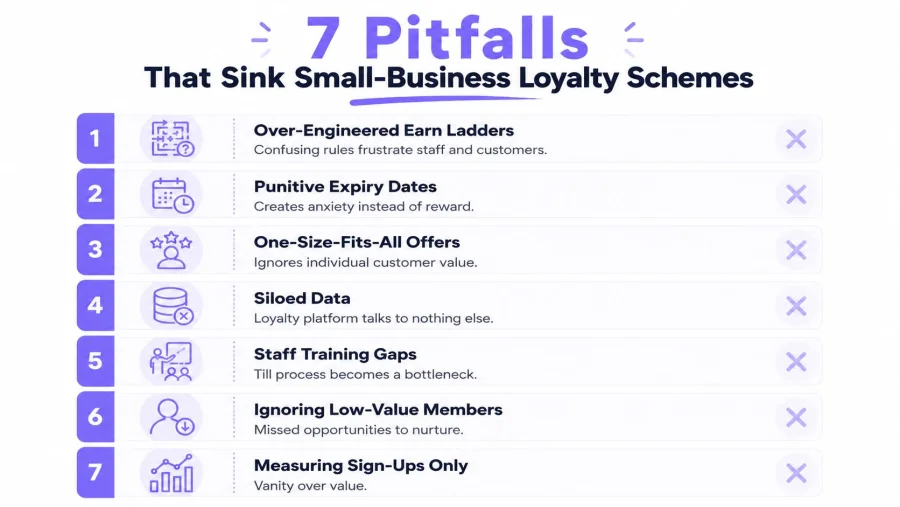 A list of seven common pitfalls that can cause small business loyalty programs to fail effectively.