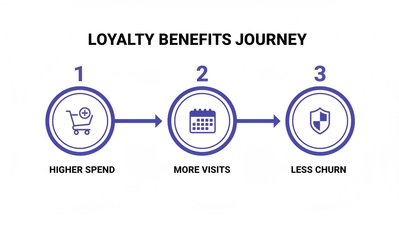 Cesta vernostných výhod zobrazujúca tri fázy: vyššie výdavky, viac návštev a menej odchodov.