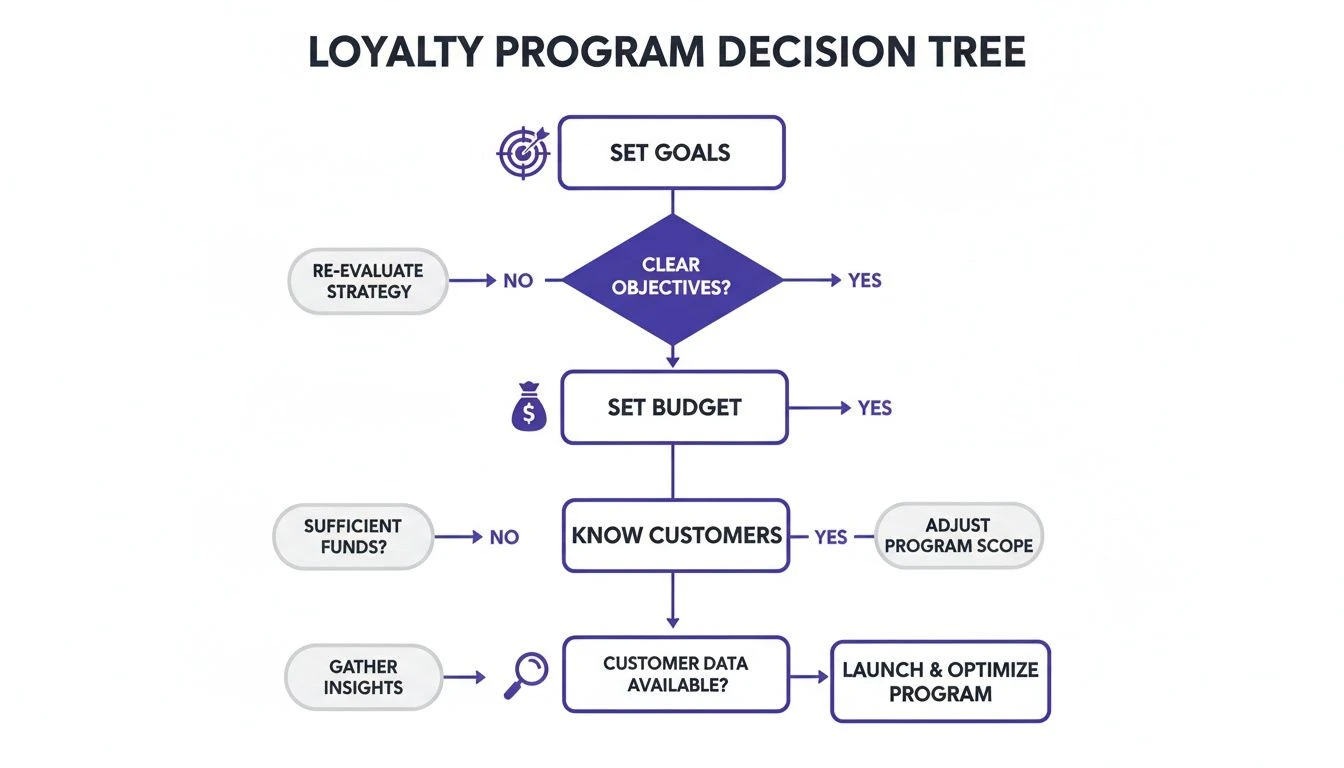 A loyalty program decision tree flowchart showing steps from setting goals to launching a program.