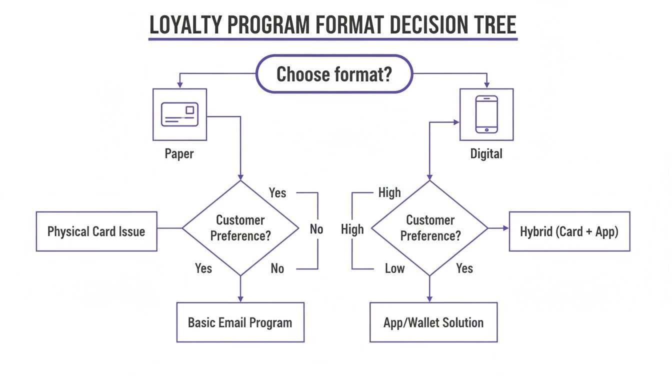 Rozhodovac&iacute; stromov&yacute; diagram form&aacute;tu vernostn&eacute;ho programu zobrazuj&uacute;ci možnosti pre papierov&eacute; alebo digit&aacute;lne, ved&uacute;ce k fyzick&yacute;m kart&aacute;m, e-mailom, aplik&aacute;ci&aacute;m alebo hybridn&yacute;m rie&scaron;eniam.