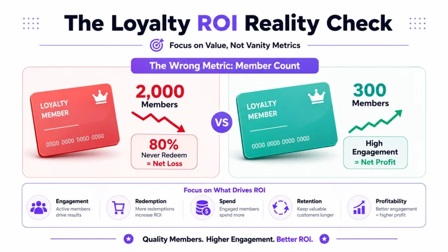 A loyalty program infographic comparing high-volume member counts with low engagement versus smaller, highly engaged member groups.