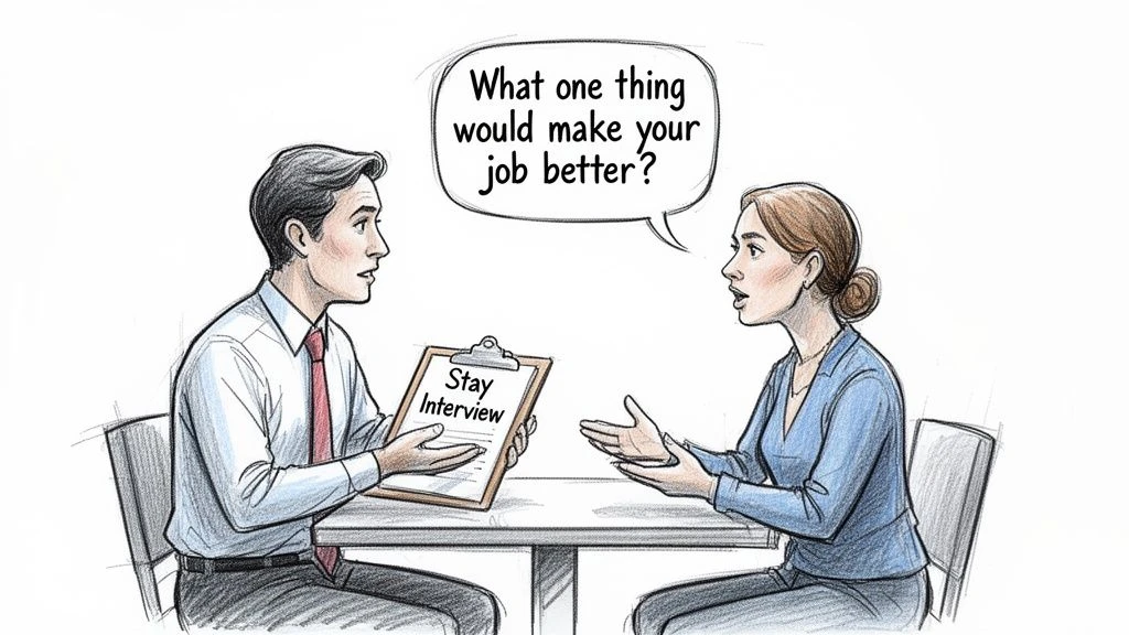 Mężczyzna i kobieta dyskutują przy stole, przy czym mężczyzna trzyma w ręku notatnik 