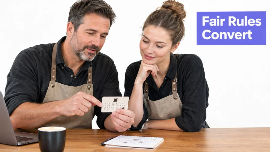A man and woman wearing aprons review a loyalty card at a wooden table in a cafe.