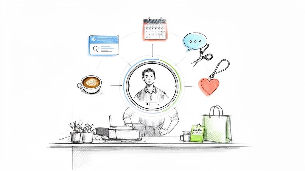 Ein Mann in der Mitte eines Diagramms, das Kundendatenpunkte wie Kalender, ID, Kaffee und Einkauf verbindet.