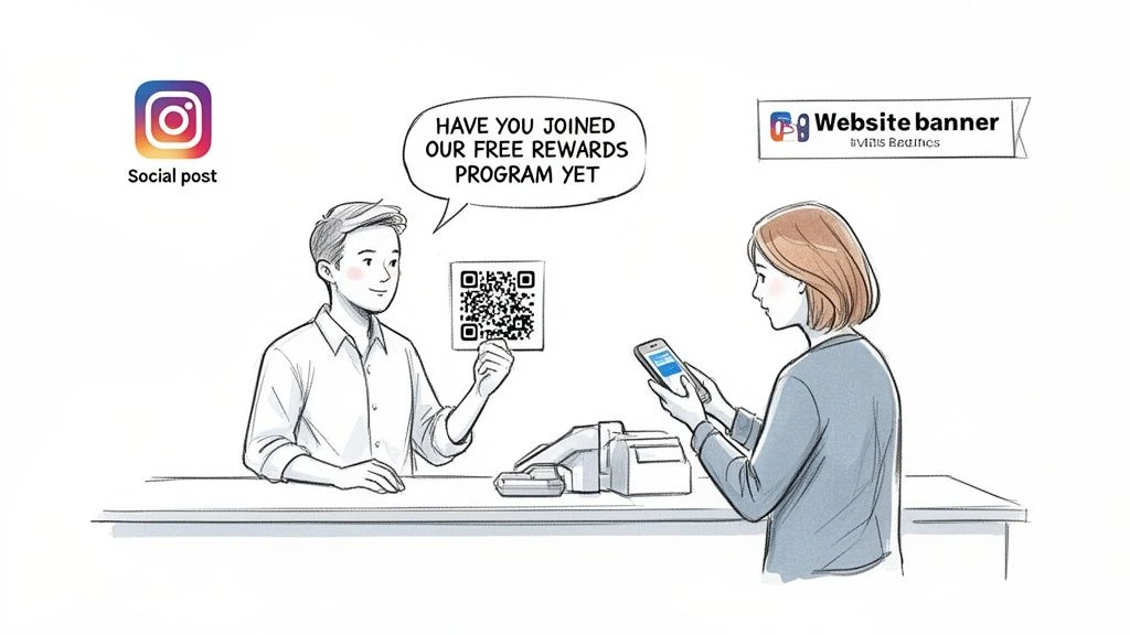 Un hombre ofrece un c&oacute;digo QR de un programa de recompensas gratuito a una mujer que mira su tel&eacute;fono.