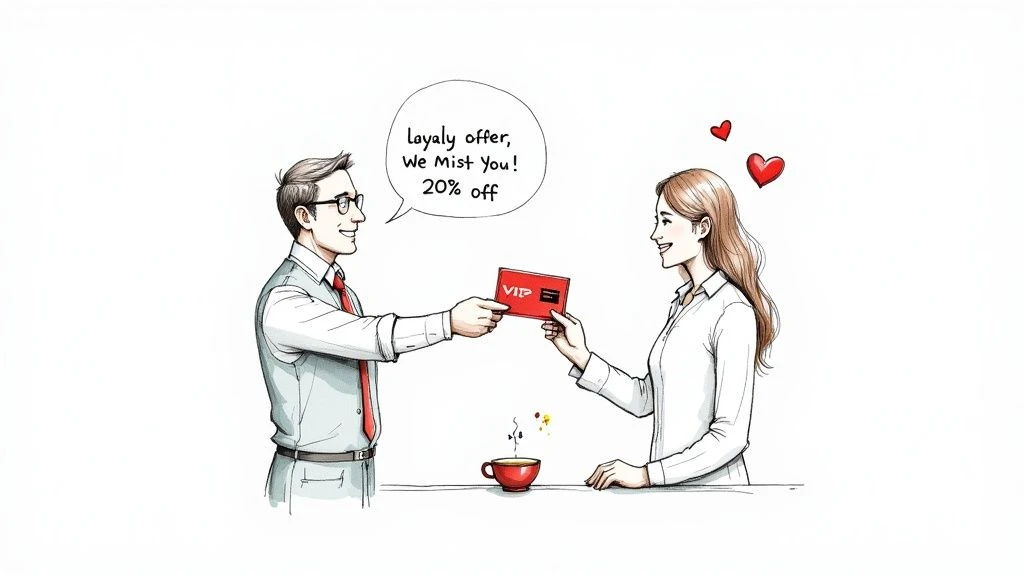 Muž nab&iacute;z&iacute; &scaron;ťastn&eacute; ženě VIP věrnostn&iacute; kartu s 20% slevou, kter&aacute; symbolizuje udržen&iacute; z&aacute;kazn&iacute;ka.