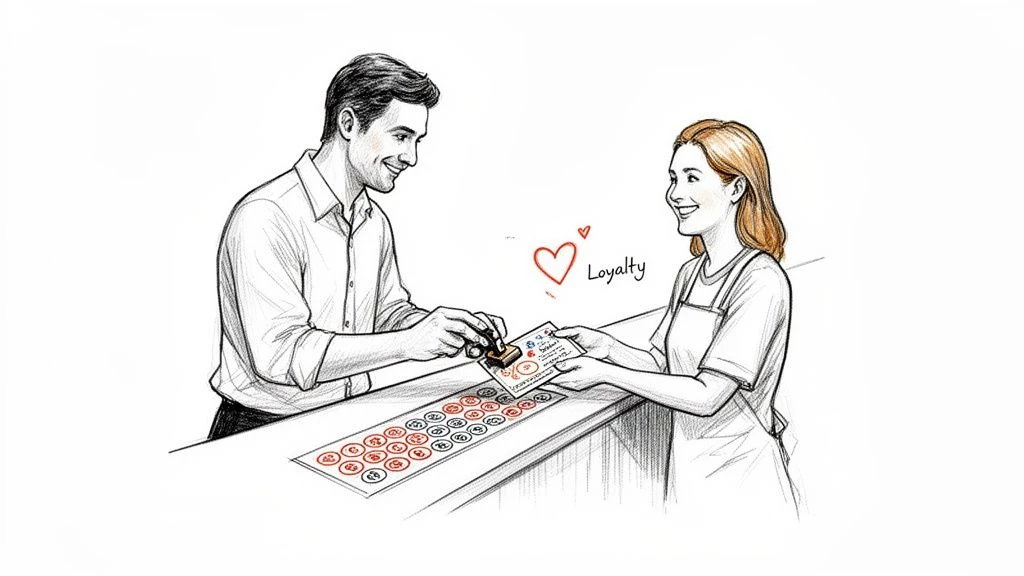 Muž pečiatkuje vernostn&uacute; kartu, ktor&uacute; drž&iacute; usmievav&aacute; žena a ktor&aacute; symbolizuje odmeny a vernosť z&aacute;kazn&iacute;kov.