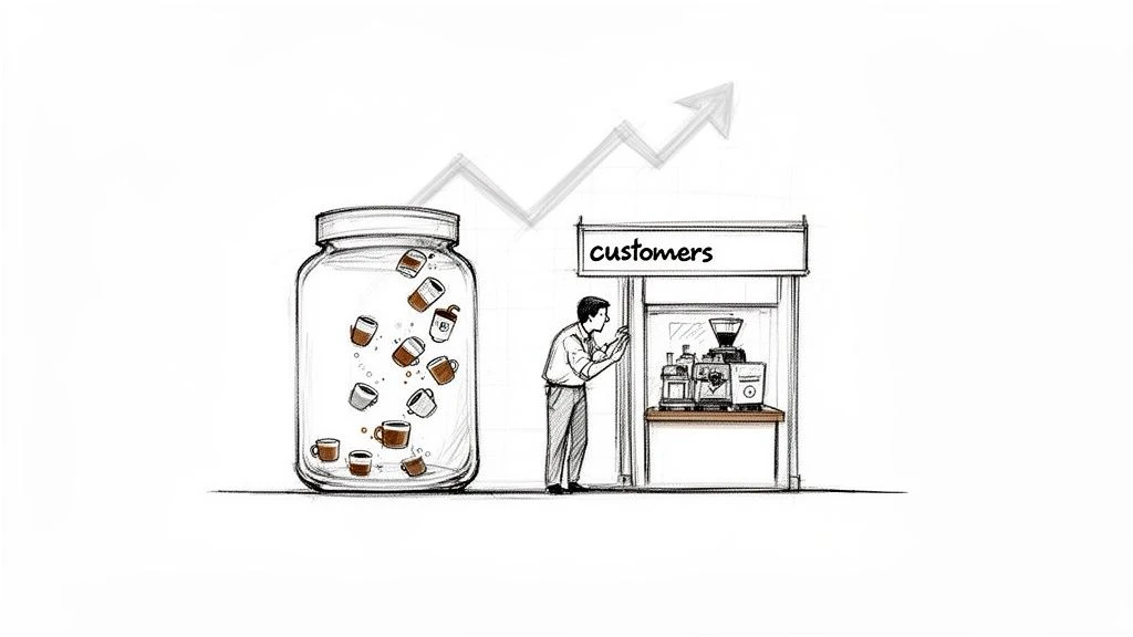 Un uomo osserva una caffetteria, mentre le tazzine scorrono in un barattolo sotto un grafico crescente, che illustra le dinamiche dei clienti.