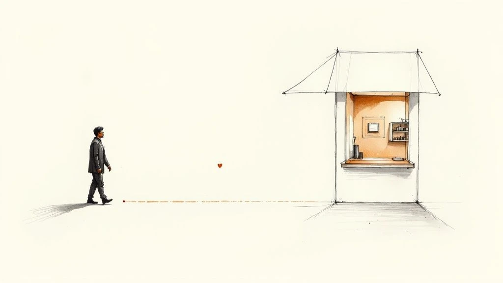 Na minimalistické kresbě kráčí muž směrem k červenému srdci a přívětivému osvětlenému kiosku.