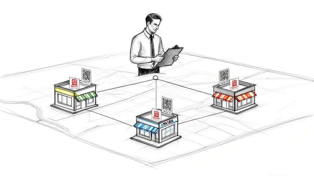 A manager views a network of three retail stores, each with QR codes and branding, symbolizing a connected business system.