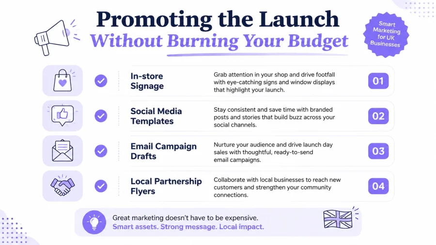 A marketing infographic for UK businesses outlining four cost-effective ways to promote a new product launch.