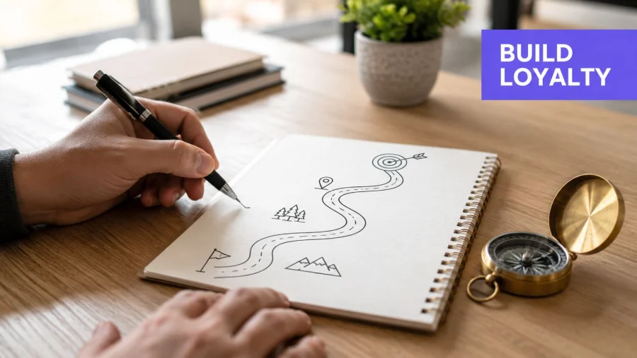 A person draws a winding road map toward a target in a notebook on a wooden desk.