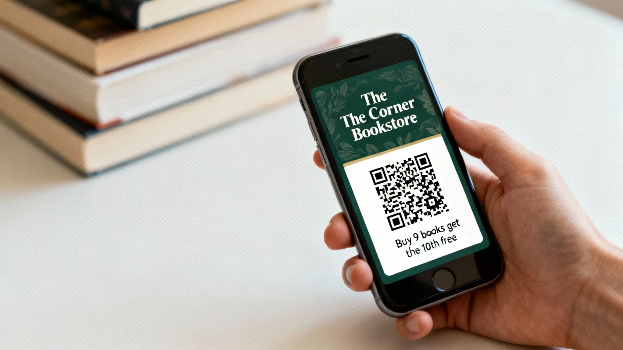Osoba trzymająca telefon pokazujący kod QR programu lojalnościowego w księgarni.