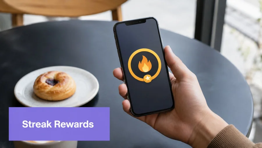 A person holding a smartphone displaying a digital fire reward icon with a star on a dark background.