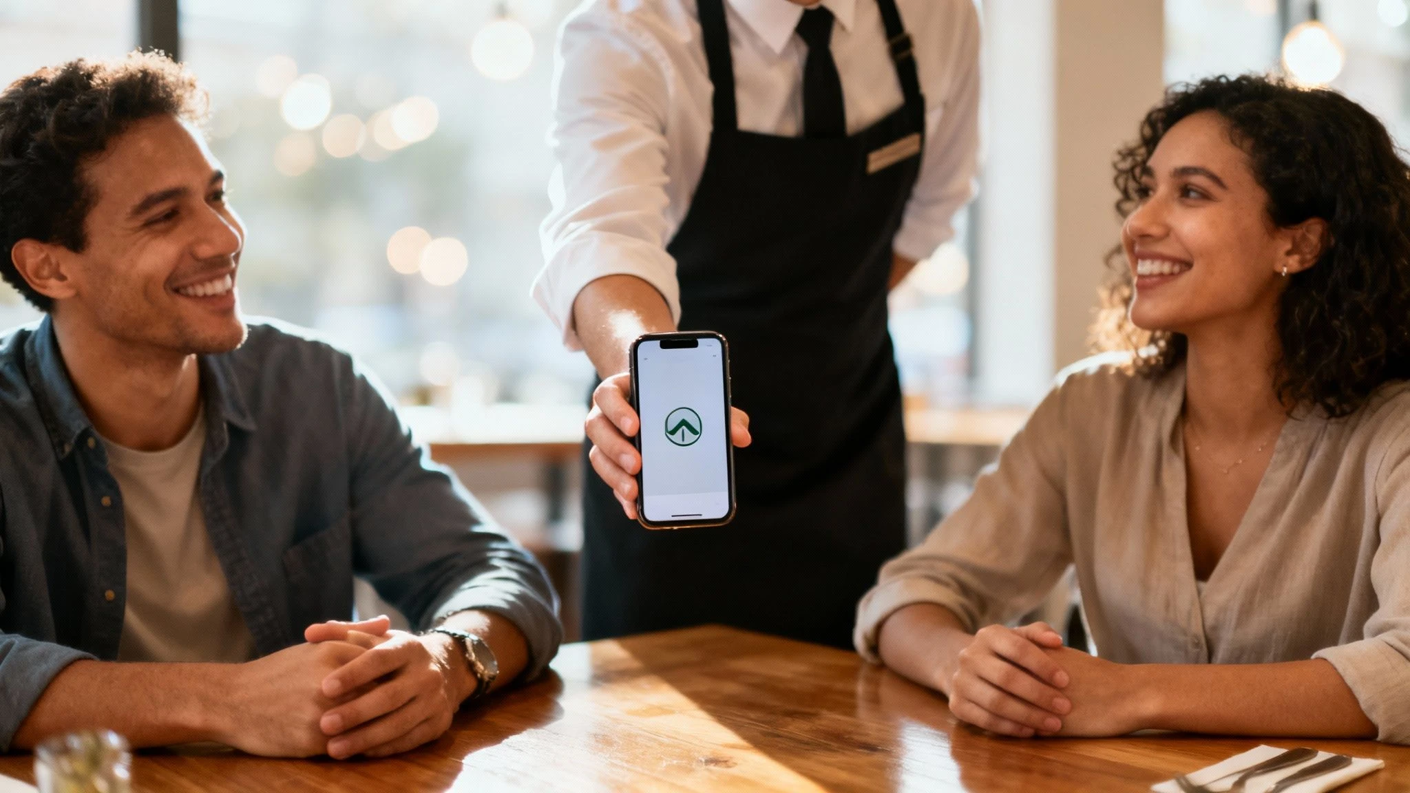 Osoba s chytrým telefonem ukazuje digitální věrnostní kartu před pultem kavárny.