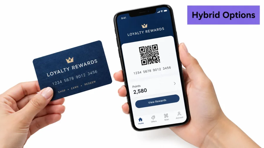 A person holds a physical blue loyalty rewards card and a smartphone displaying a loyalty app.