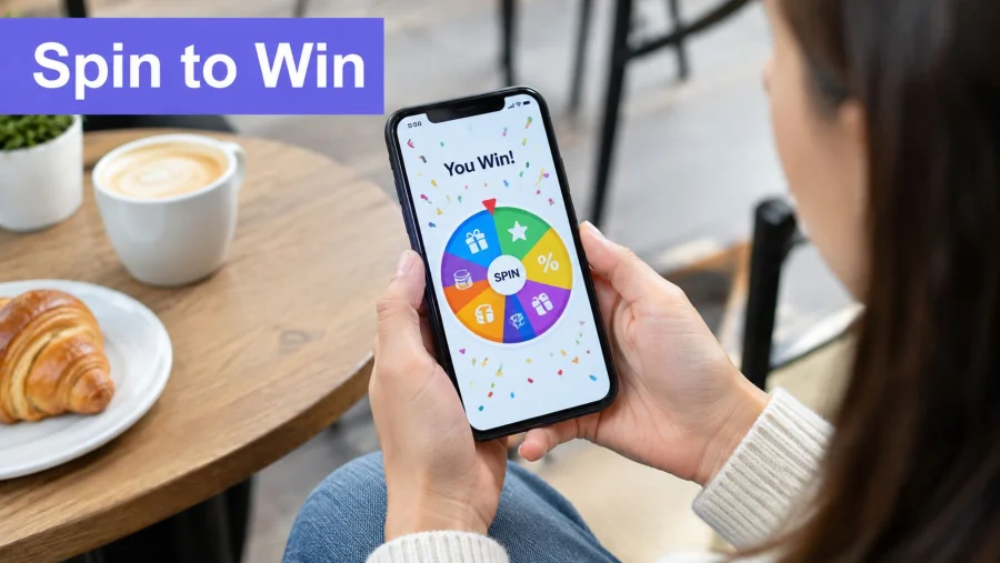 A person holds a smartphone displaying a digital spin to win game in a cafe setting.