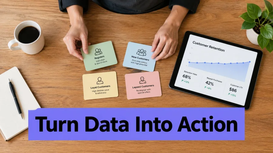 A person organizing customer segment cards on a wooden table next to a digital tablet showing analytics.
