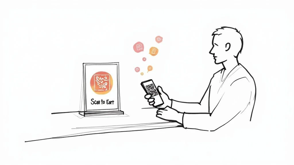 Osoba naskenuje QR kód na stole pomocí chytrého telefonu a získá digitální odměny.