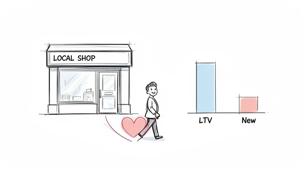 A person with a heart walks towards a local shop, next to a chart showing LTV higher than new customers.