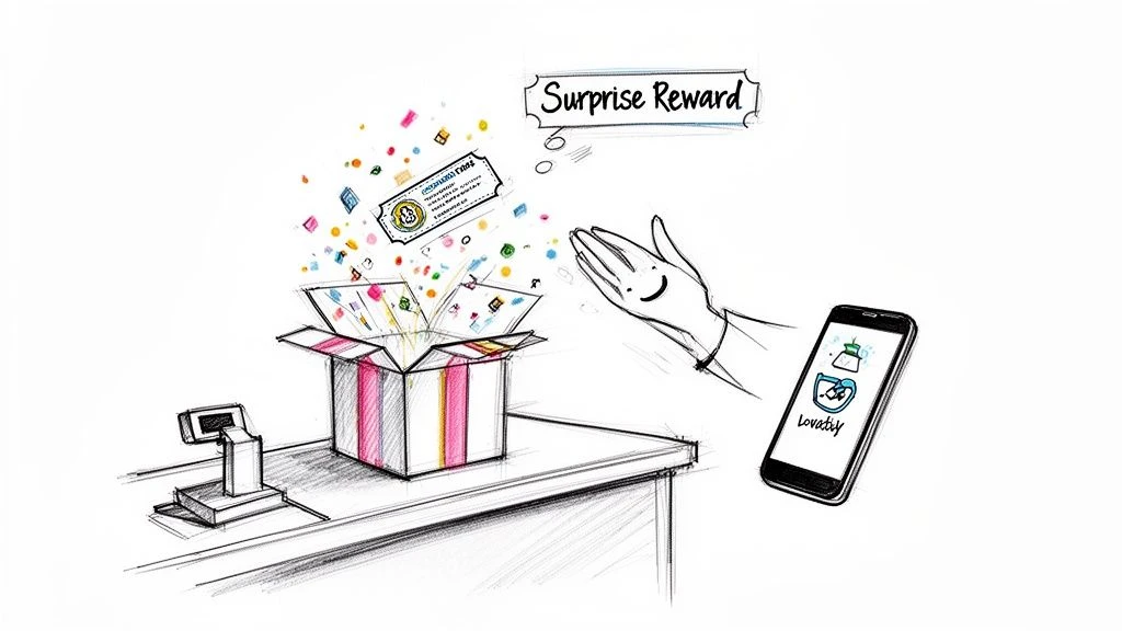 Eine verspielte Skizze, die eine Überraschungsbelohnung aus einer Geschenkbox mit einer glücklichen Hand und einem Smartphone zeigt.