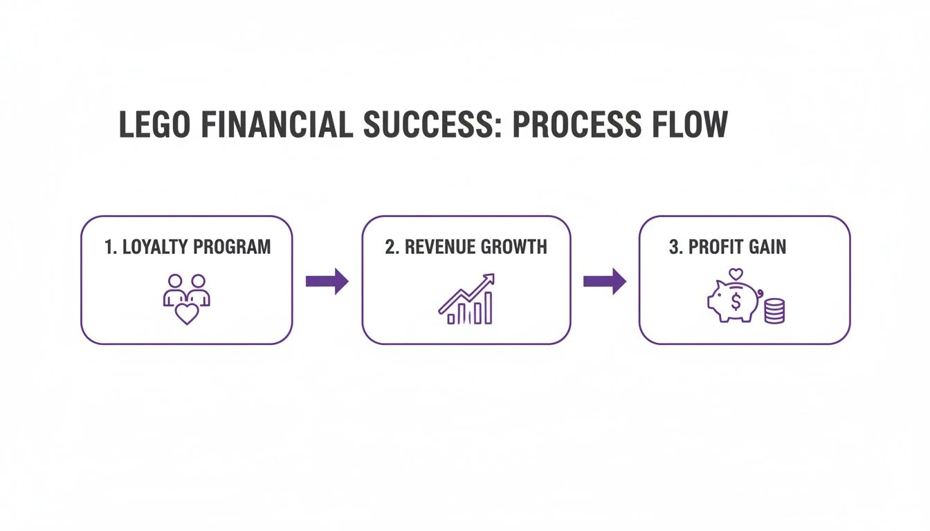 Un diagramma di flusso del processo illustra il successo finanziario di LEGO grazie ai programmi di fidelizzazione e alla crescita dei ricavi e degli utili.