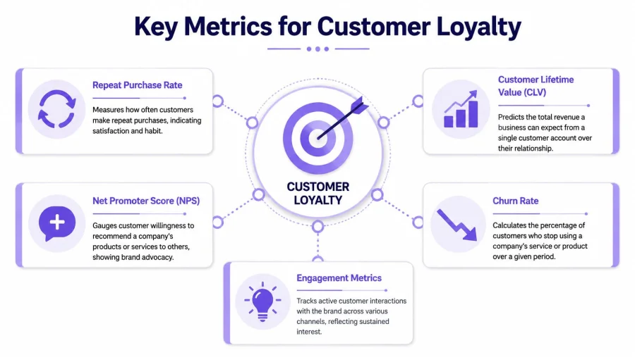 A professional infographic titled Key Metrics for Customer Loyalty displaying five essential business indicators with descriptions.