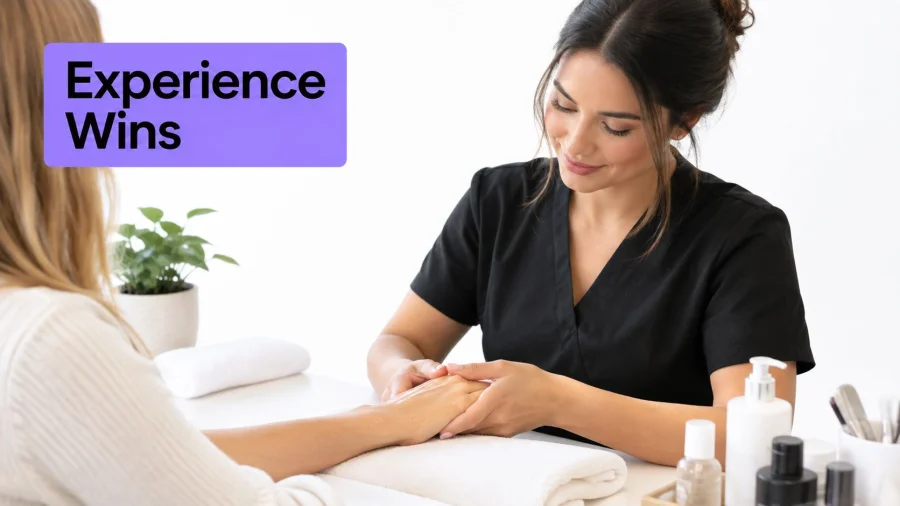 A professional manicurist giving a relaxing hand massage to a female client at a spa table.