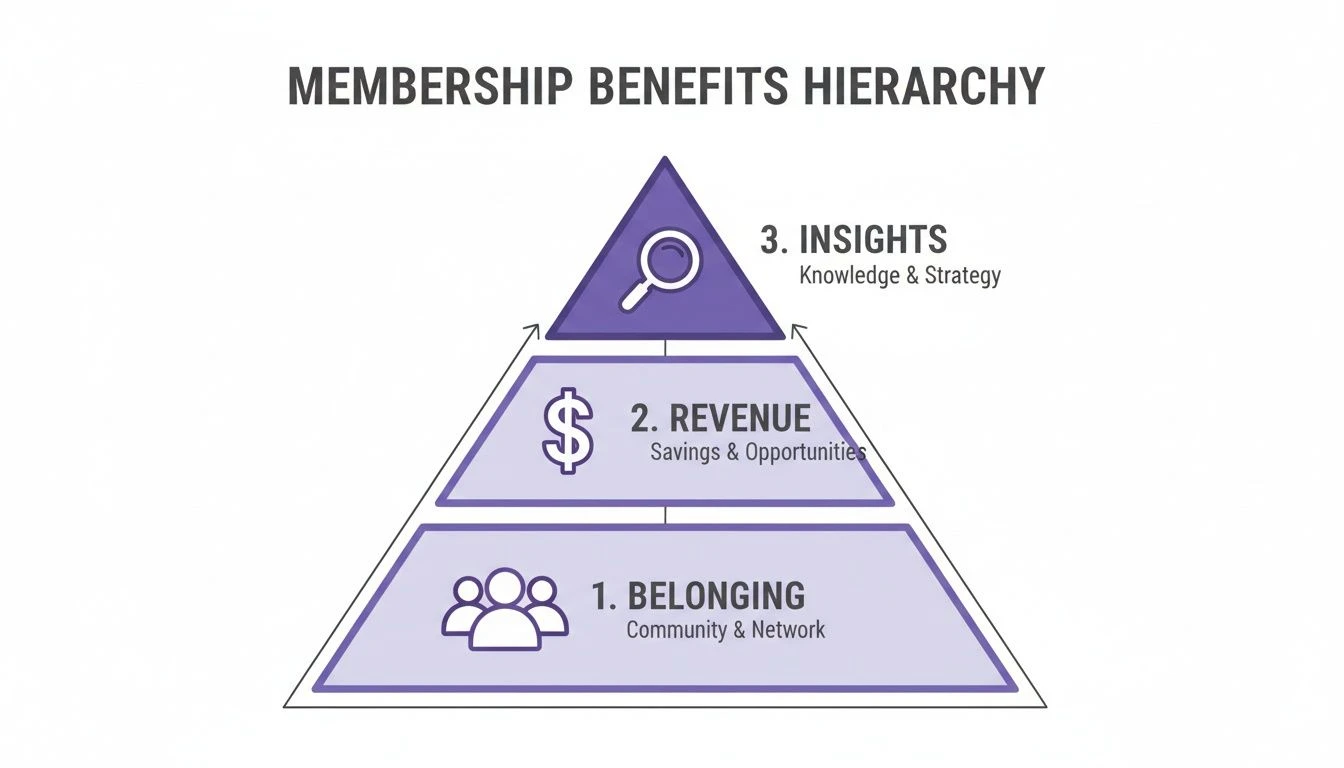 Ein Pyramidendiagramm veranschaulicht die Hierarchie der Mitgliedsvorteile mit drei Ebenen: Zugeh&ouml;rigkeit, Einnahmen und Einblicke.