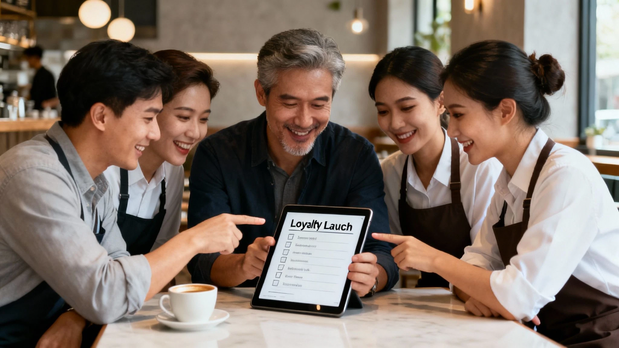 Manažer restaurace používá tablet k prohlížení analýz věrnostního programu pro zákazníky, přičemž z okna je vidět výjev z městské ulice.