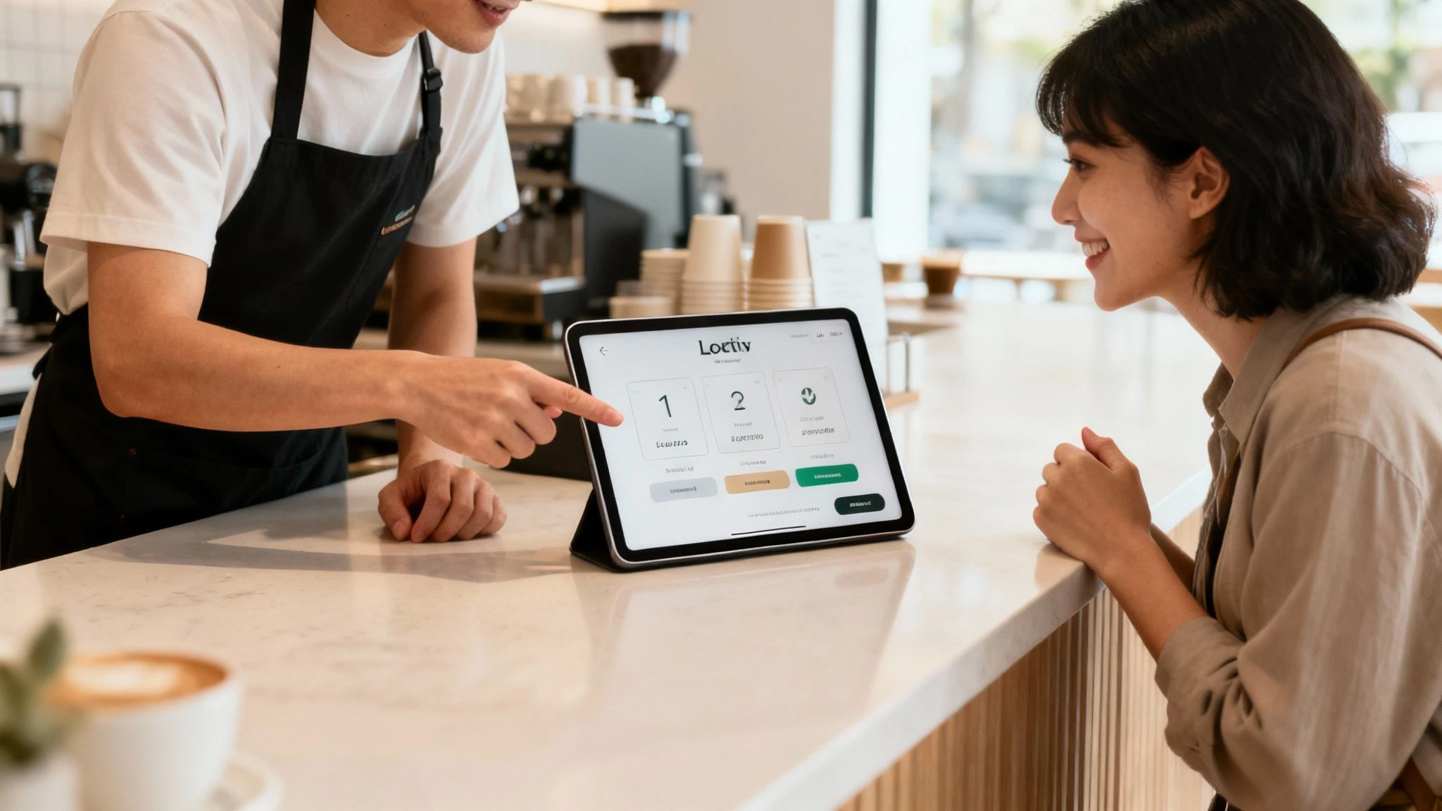 Majitel restaurace se usmívá při pohledu na tablet zobrazující údaje o věrnosti zákazníků.