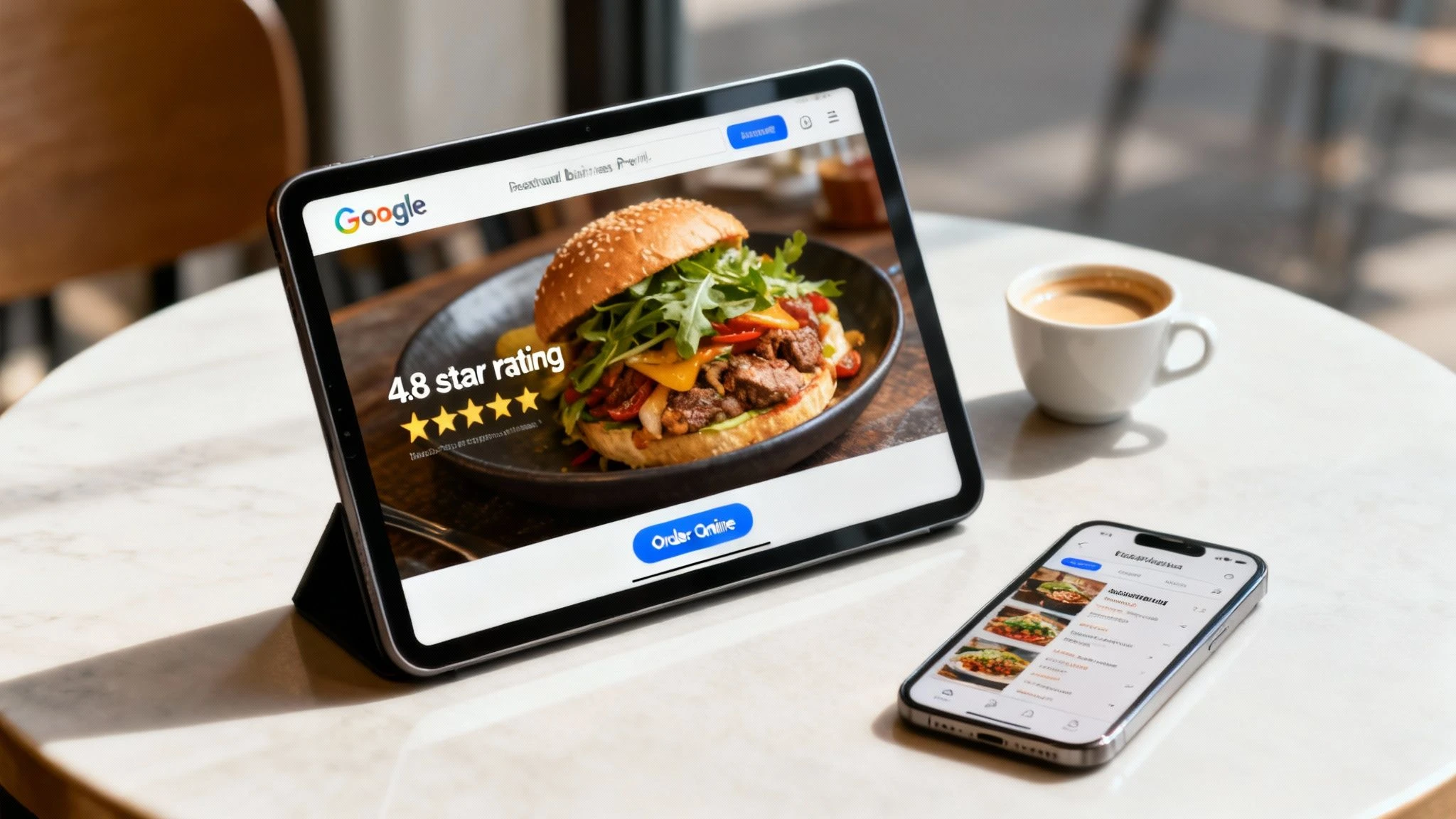 Egy étteremtulajdonos, aki laptopot használ digitális jelenlétének és online rendeléseinek kezelésére.