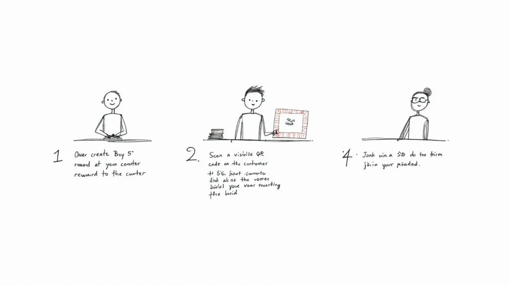 Sekvence ručně kreslených ilustrací znázorňujících kroky věrnostního programu pro zákazníky, včetně skenování QR kódu.