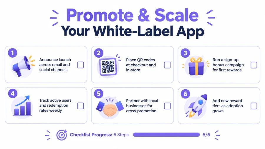 A six-step checklist graphic for promoting and scaling a white-label mobile application for businesses.
