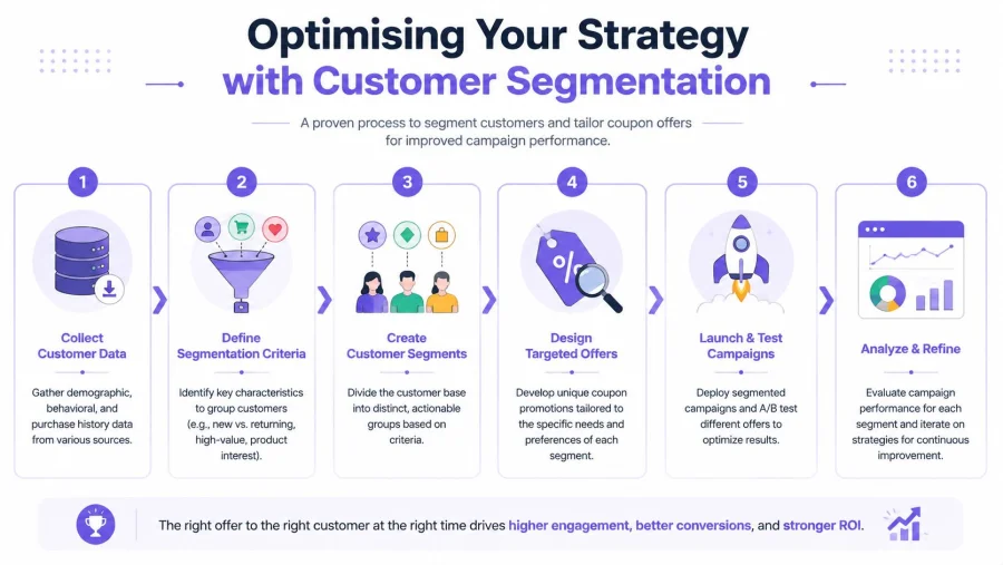 A six-step infographic illustrating a process for optimizing marketing strategy through effective customer segmentation and coupon offers.