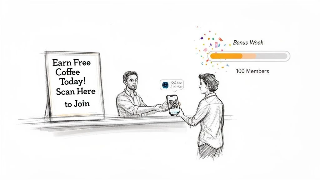 A sketch depicts two people, one scanning a QR code on a phone to join a free coffee rewards program.