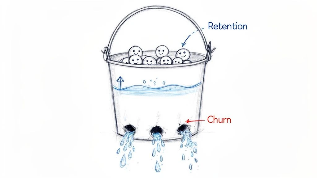 Eine Skizze veranschaulicht die Kundenbindung als Smiley-Gesichter in einem Eimer und die Abwanderung als Wasser, das aus Löchern austritt.