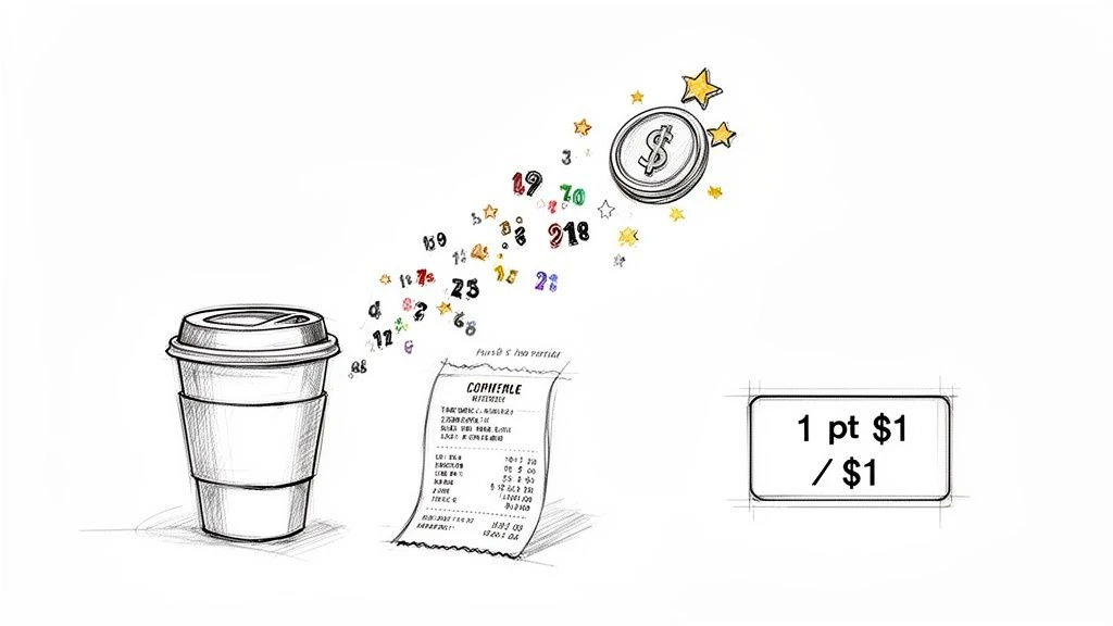 Szkic przedstawiający filiżankę kawy, paragon i liczby unoszące się w kierunku monety dolarowej z gwiazdkami, symbolizującej program lojalnościowy.