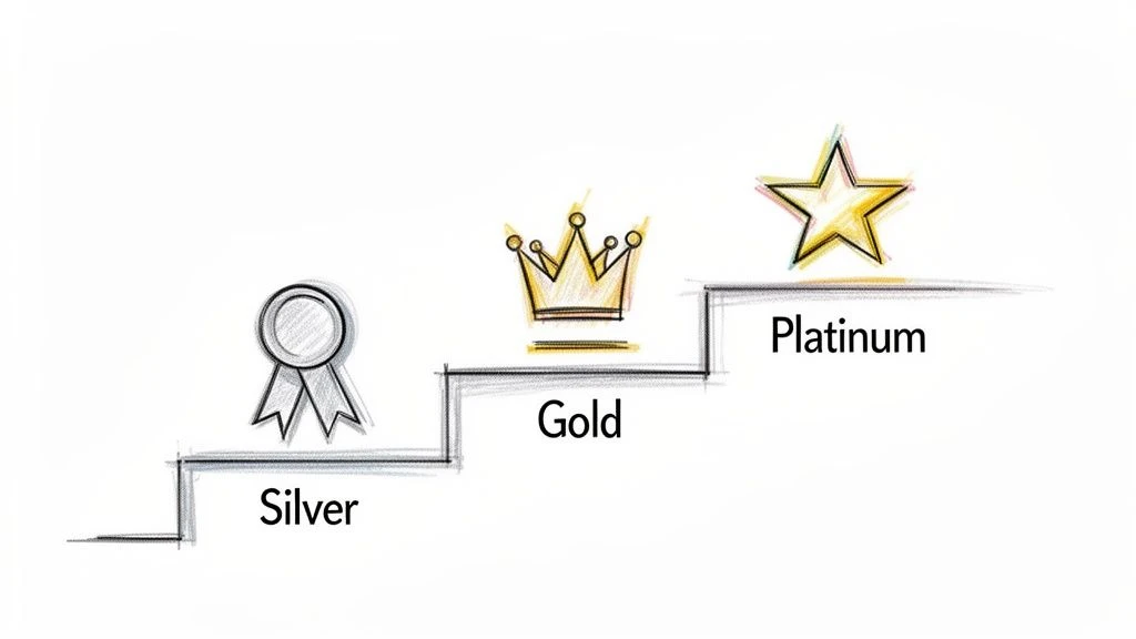 Eine Skizze, die eine Abfolge von Stufen illustriert: Silber mit einer Medaille, Gold mit einer Krone und Platin mit einem Stern.