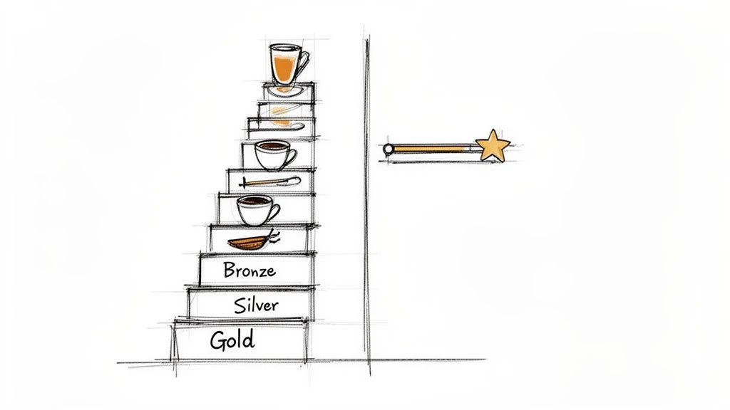 N&aacute;črt zn&aacute;zorňuj&uacute;ci viac&uacute;rovňov&yacute; syst&eacute;m odmien s k&aacute;vov&yacute;mi &scaron;&aacute;lkami, zlat&yacute;mi, strieborn&yacute;mi a bronzov&yacute;mi &uacute;rovňami a hviezdičkov&yacute;m ukazovateľom postupu.