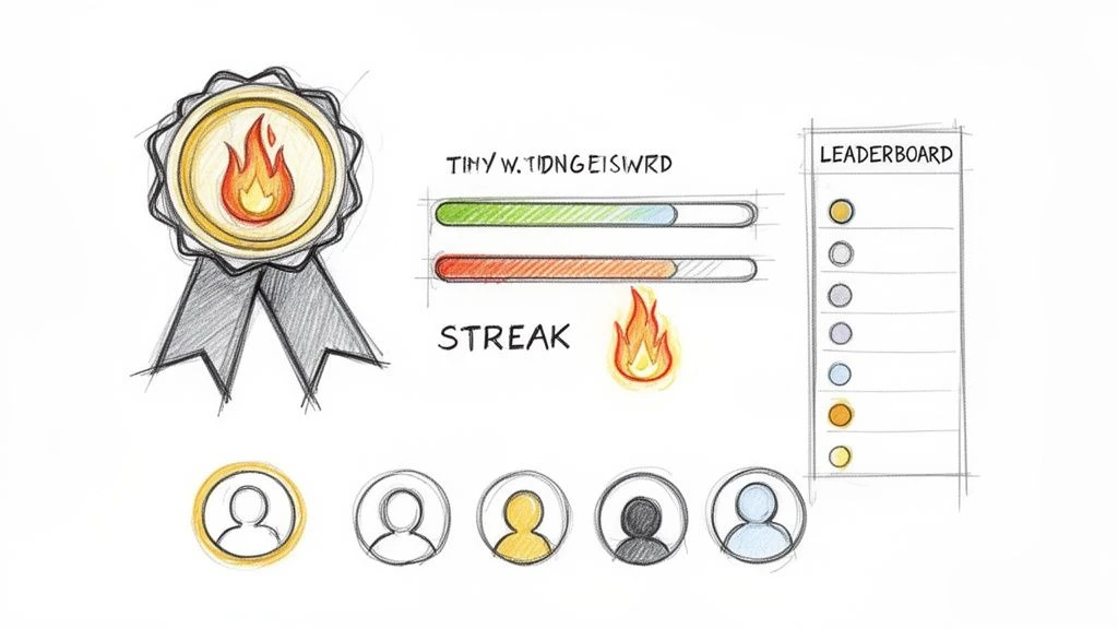 Croquis illustrant des &eacute;l&eacute;ments de gamification pour les programmes de fid&eacute;lit&eacute;, notamment un badge, des barres de progression, une ic&ocirc;ne d'&eacute;volution et un tableau de classement.