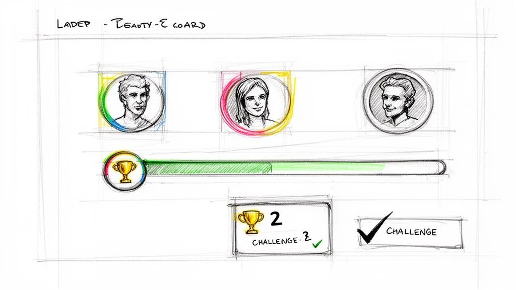 Szkic gamified leaderboard pokazujący profile użytkowników, pasek postępu z trofeum i szczegóły wyzwania.