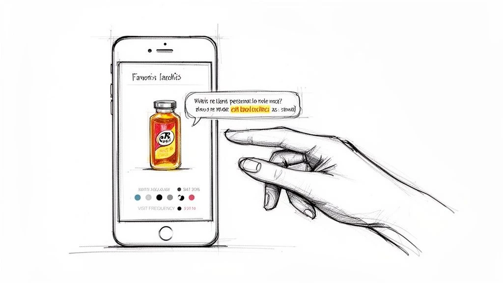 Uno schizzo di una mano che interagisce con uno smartphone mostrando un prodotto e una domanda.